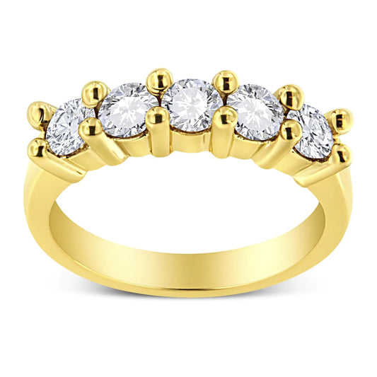 14K Yellow Gold Plated .925 Sterling Silver 1.0 Cttw Shared Prong-set Round Diamond 5 Stone Band Ring (J-K Color, I1-I2 Clarity)
