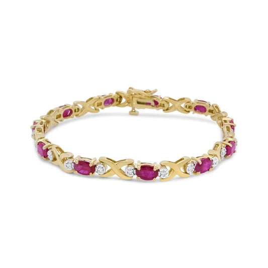 14K Yellow Gold 1/4 Cttw Diamond and Oval Red Ruby Alternating X Link Bracelet (I-J Color, I3 Clarity)