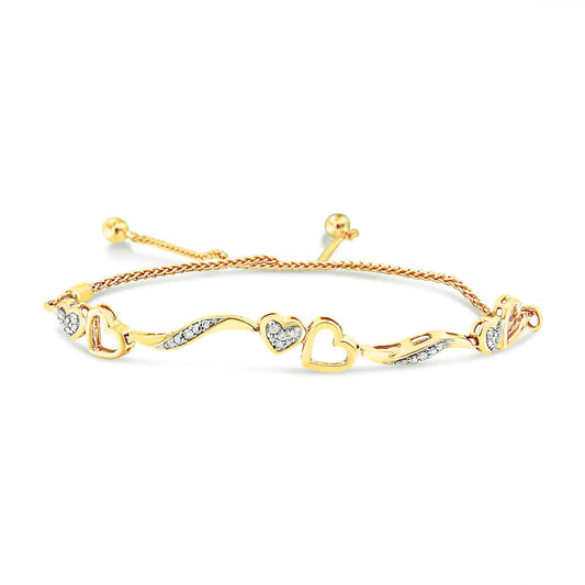 14K Yellow Gold Plated .925 Sterling Silver 1/10 Cttw Diamond Wave and Hearts 4”-10” Adjustable Bolo Bracelet (I-J Color, I3 Clarity)