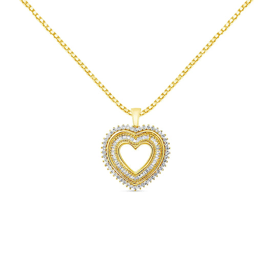 14K Yellow Gold Plated .925 Sterling Silver 1.0 Cttw Round and Baguette-Cut Diamond Composite Hearth 18" Pendant Necklace (I-J Color, I1-I2 Clarity)