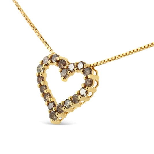 14K Yellow Gold Plated .925 Sterling Silver 1.0 Cttw Champagne Diamond Heart Pendant Necklace (K-L Color, I1-I2 Clarity) - 18"