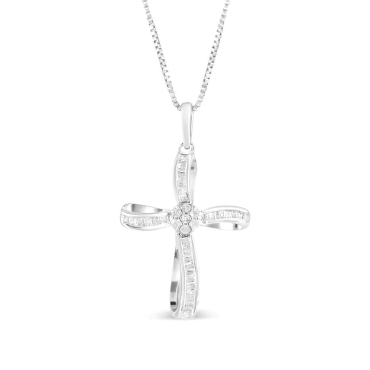 .925 Sterling Silver 1/4 Cttw Diamond Floral Cluster Cross Pendant Necklace (I-J Color, I2-I3 Clarity)